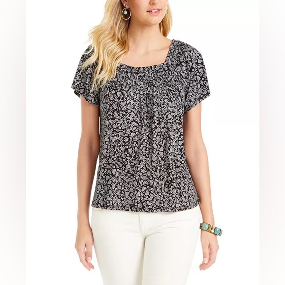 Ann Taylor Black SILK and White Patterned Blouse